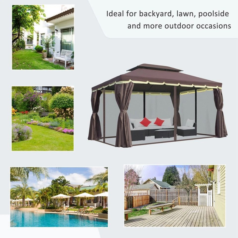 CoffeeColored Patio Gazebo 10x13ft Aluminum Frame With Mesh Netting 2Tier Roof 4