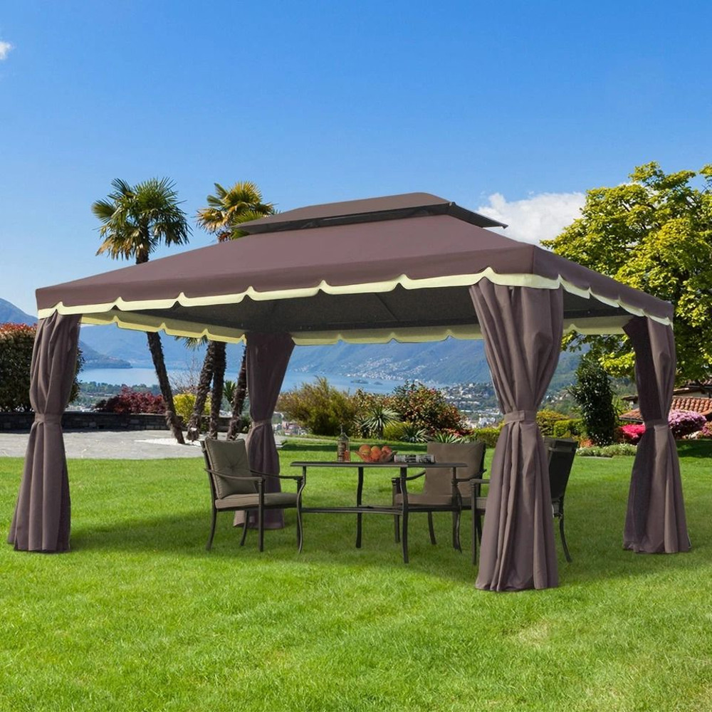 CoffeeColored Patio Gazebo 10x13ft Aluminum Frame With Mesh Netting 2Tier Roof 0