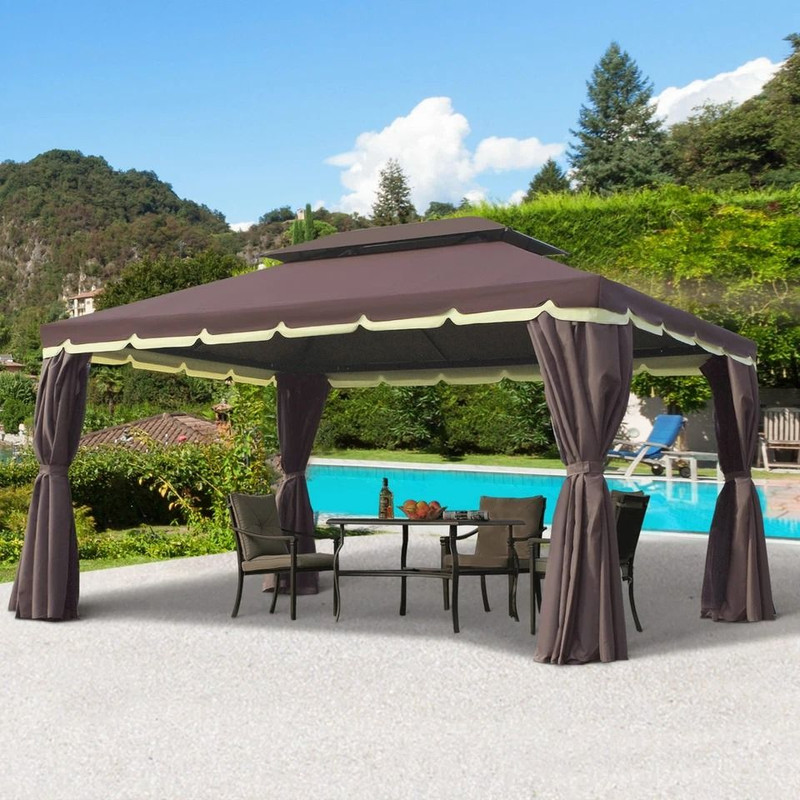 CoffeeColored Patio Gazebo 10x13ft Aluminum Frame With Mesh Netting 2Tier Roof 1