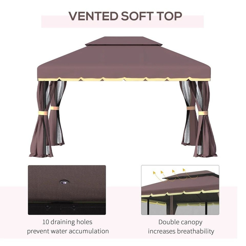 CoffeeColored Patio Gazebo 10x13ft Aluminum Frame With Mesh Netting 2Tier Roof 6