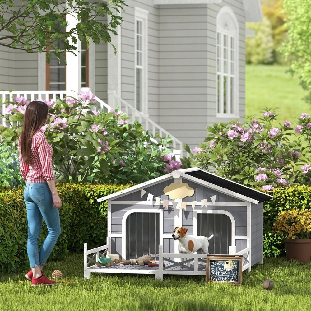 Large Wooden Dog House For Porch Or Deck 59 Grey Outdoor Pet Shelter 3