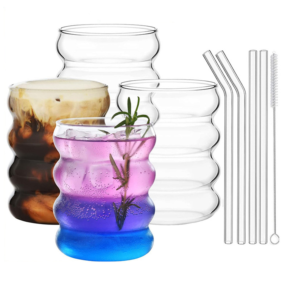 Ribbed Glassware Cups with Straws, Clear Creative Coffee Mugs, Iced Tea, Juice & Cocktail Drinking Glasses for Home