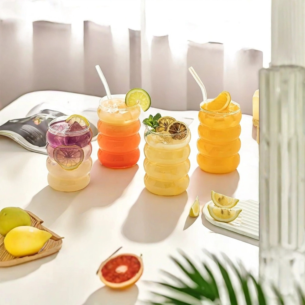 Ribbed Glassware Cups with Straws, Clear Creative Coffee Mugs, Iced Tea, Juice & Cocktail Drinking Glasses for Home