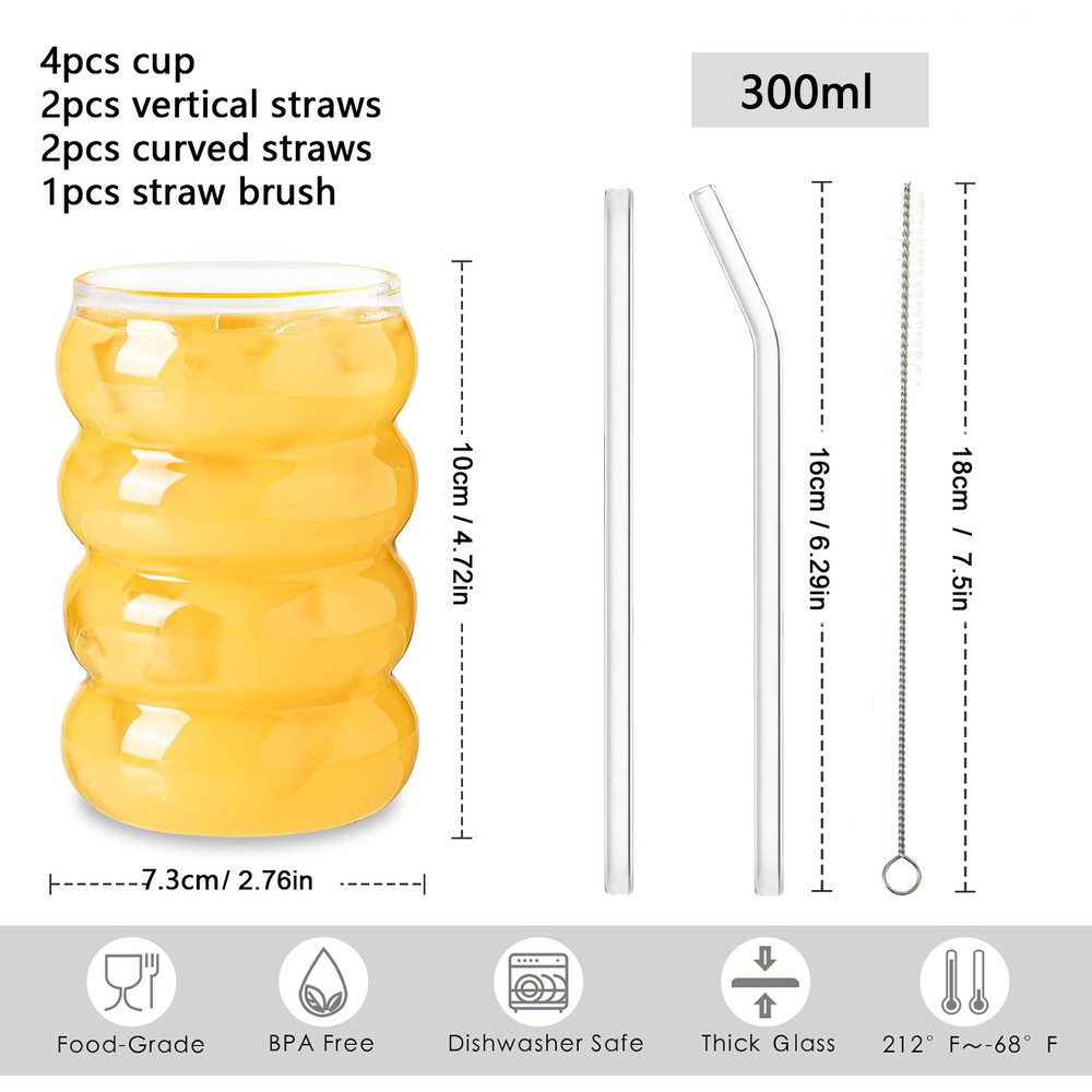 Ribbed Glassware Cups with Straws, Clear Creative Coffee Mugs, Iced Tea, Juice & Cocktail Drinking Glasses for Home