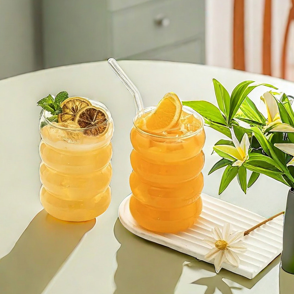 Ribbed Glassware Cups with Straws, Clear Creative Coffee Mugs, Iced Tea, Juice & Cocktail Drinking Glasses for Home