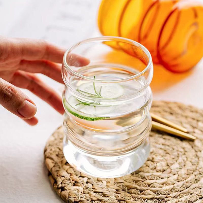 Ribbed Glassware Cups with Straws, Clear Creative Coffee Mugs, Iced Tea, Juice & Cocktail Drinking Glasses for Home