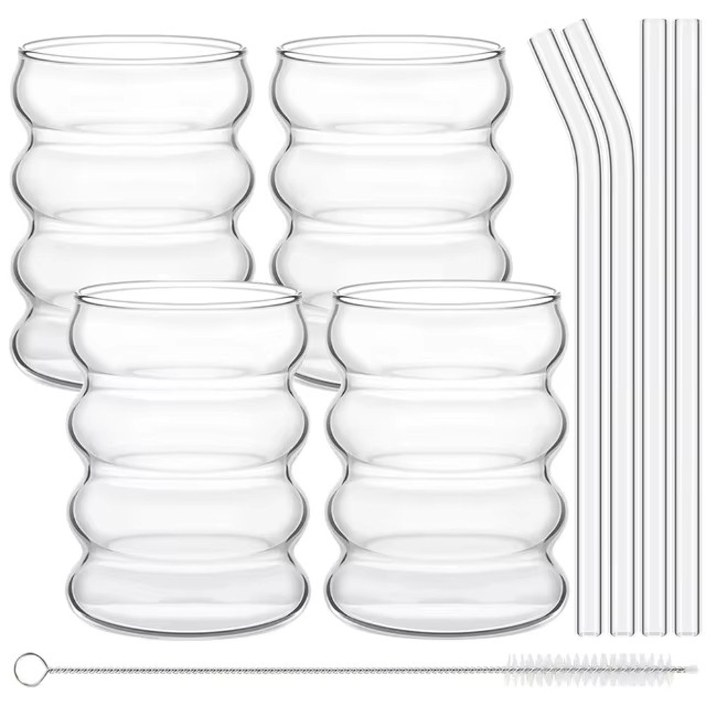 Ribbed Glassware Cups with Straws, Clear Creative Coffee Mugs, Iced Tea, Juice & Cocktail Drinking Glasses for Home