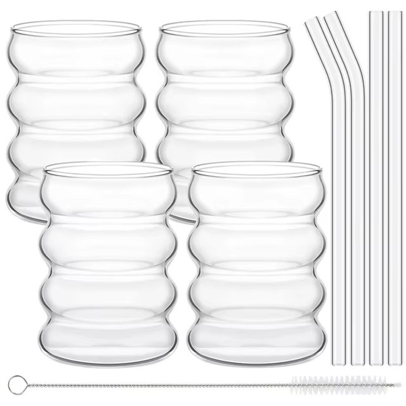 Ribbed Glassware Cups with Straws, Clear Creative Coffee Mugs, Iced Tea, Juice & Cocktail Drinking Glasses for Home