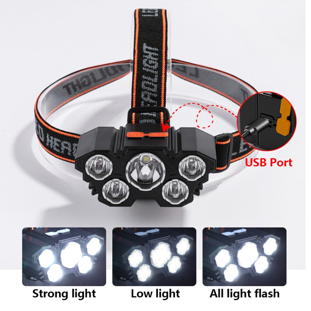 Strong LED Headlamp Flashlight, Rechargeable Built in Battery, 5 LED Light for Camping, Adventure & Fishing