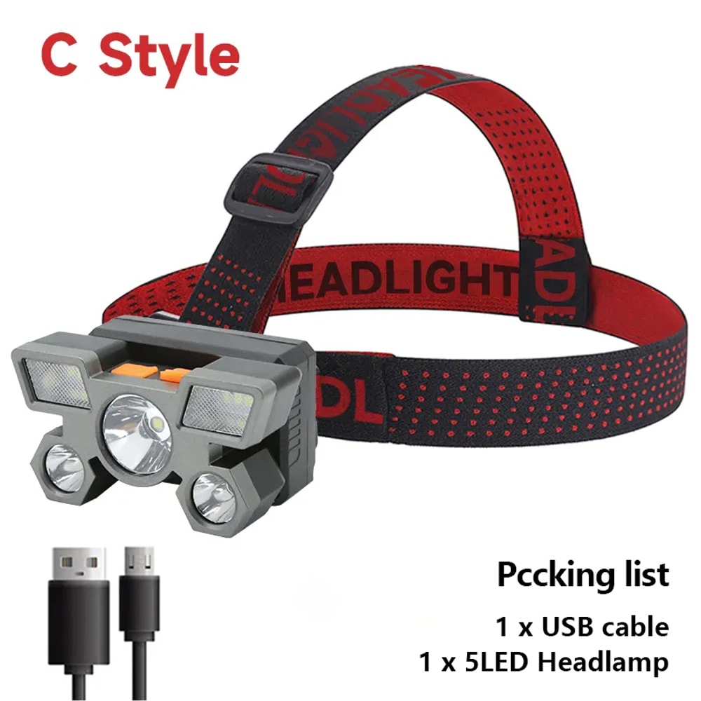 Strong LED Headlamp Flashlight, Rechargeable Built in Battery, 5 LED Light for Camping, Adventure & Fishing