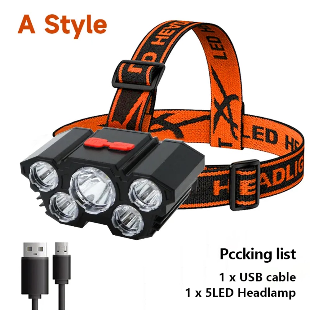 Strong LED Headlamp Flashlight, Rechargeable Built in Battery, 5 LED Light for Camping, Adventure & Fishing