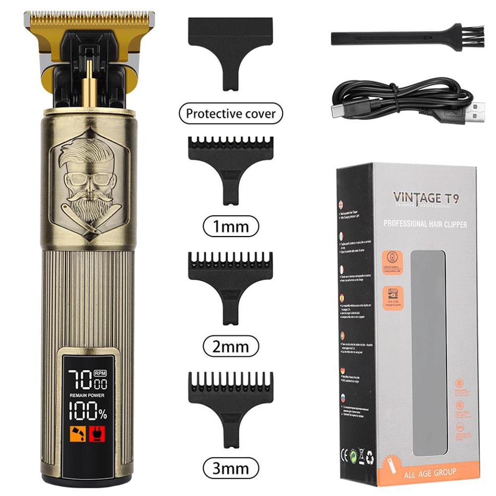 T9 Vintage Hair Clippers for Men, LED Electric Trimmer, Dragon Carved Beard Shaver & Hair Cutting Machine for Home