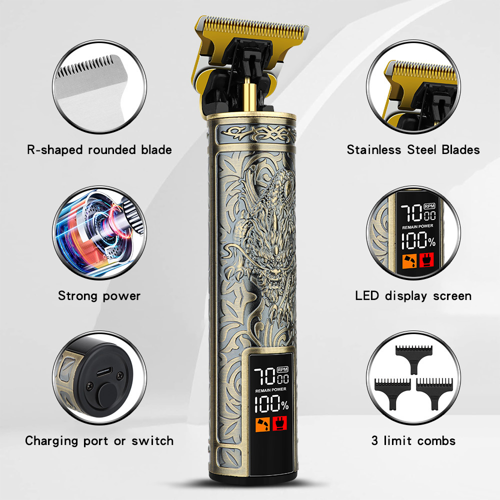 T9 Vintage Hair Clippers for Men, LED Electric Trimmer, Dragon Carved Beard Shaver & Hair Cutting Machine for Home