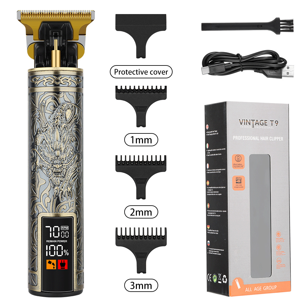 T9 Vintage Hair Clippers for Men, LED Electric Trimmer, Dragon Carved Beard Shaver & Hair Cutting Machine for Home