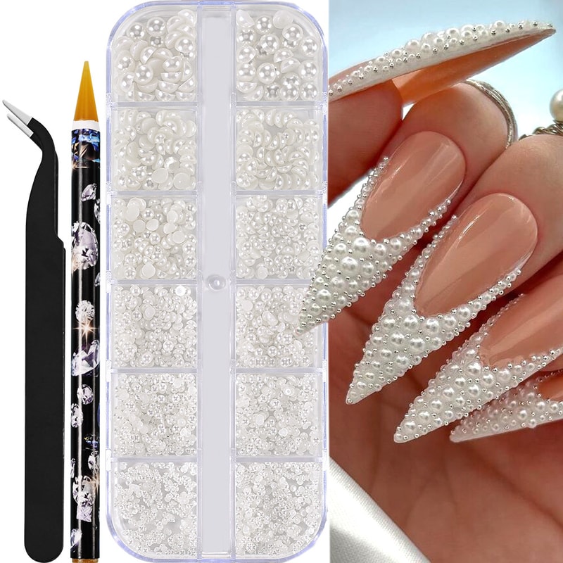 White Flatback Pearls Beads Nail Charms, 3D Nail Art Half Round Pearl Rhinestones for DIY Nail Jewelry & Craft