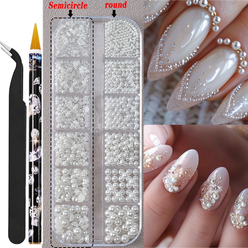 White Flatback Pearls Beads Nail Charms, 3D Nail Art Half Round Pearl Rhinestones for DIY Nail Jewelry & Craft