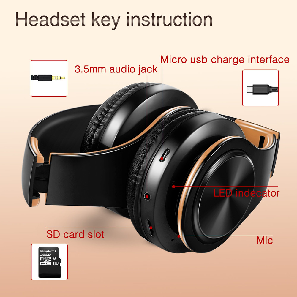 Gold Wireless Bluetooth Headphones for Men Gift, Stereo Headset with Built-in MIC & 3.5mm AUX Jack for iPhone Samsung