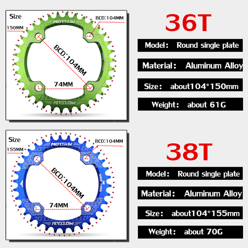MTB Chainring, Round Narrow Wide Chainwheel, Single Crankset Plate for Mountain Bicycle Upgrade