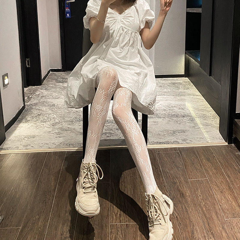 Japanese Classic Lolita Lace Mesh Stockings Retro Floral Rattan White Pantyhose Hollowed Out Bottomed Tights for Cosplay