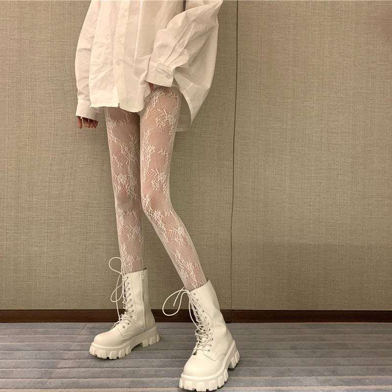 Japanese Classic Lolita Lace Mesh Stockings Retro Floral Rattan White Pantyhose Hollowed Out Bottomed Tights for Cosplay