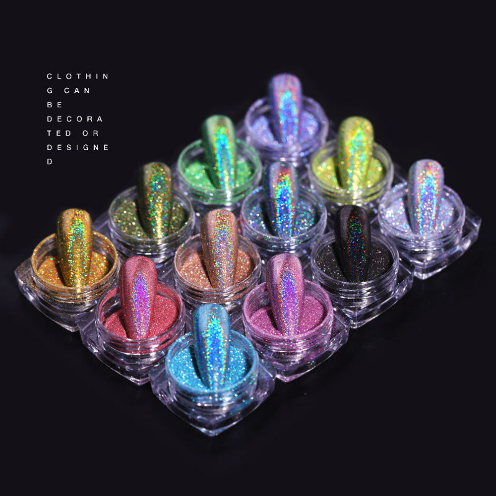 12Jars/set Holographic Glitter Nail Fine Powder – 0.05mm Super Shiny Unicorn Rainbow Laser Powder for DIY Mirror Manicur
