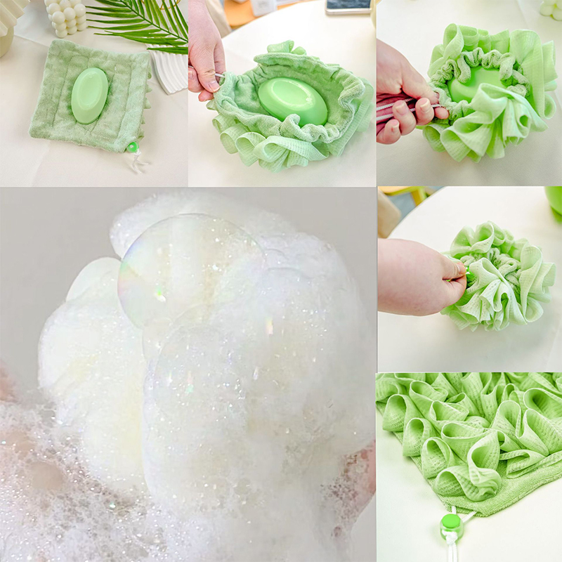 2-in-1 Bath Ball Towel Loofah with Drawstring Closure for Soap Soft Exfoliating Mesh Shower Sponge for Skin Care
