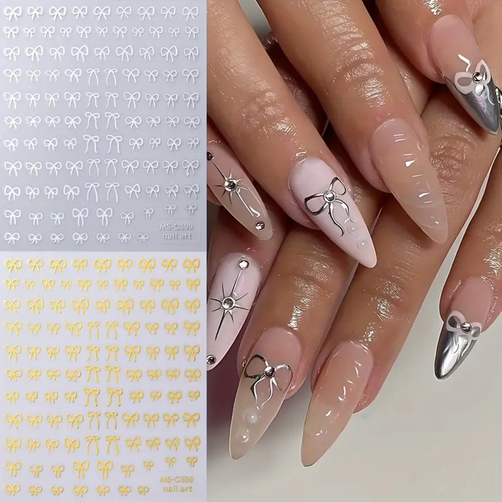 Self-Adhesive Nail Art Stickers, Mini Bowknot Design with Lace Ribbons, Bows & Butterfly Decals for Stunning Nails