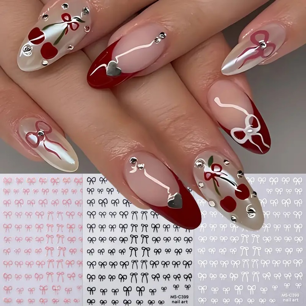 Self-Adhesive Nail Art Stickers, Mini Bowknot Design with Lace Ribbons, Bows & Butterfly Decals for Stunning Nails