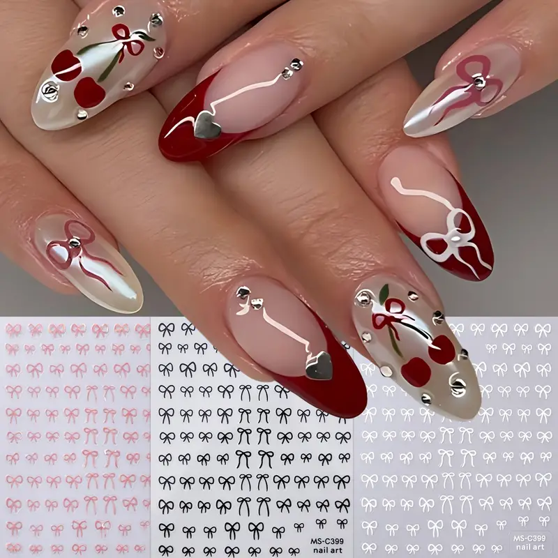 Self-Adhesive Nail Art Stickers, Mini Bowknot Design with Lace Ribbons, Bows & Butterfly Decals for Stunning Nails