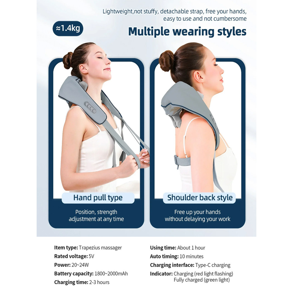 Wireless Trapezius Neck Back Massager With 8 Heads Electric Kneading Massage Shawl For Neck Shoulde