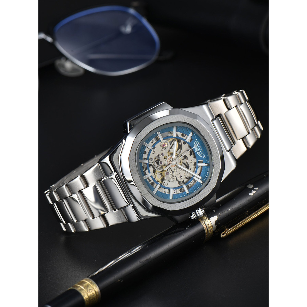 Luxury LONGLUX Men Automatic Mechanical Watch, Waterproof Skeleton, Stainless Steel Business Gift Watch
