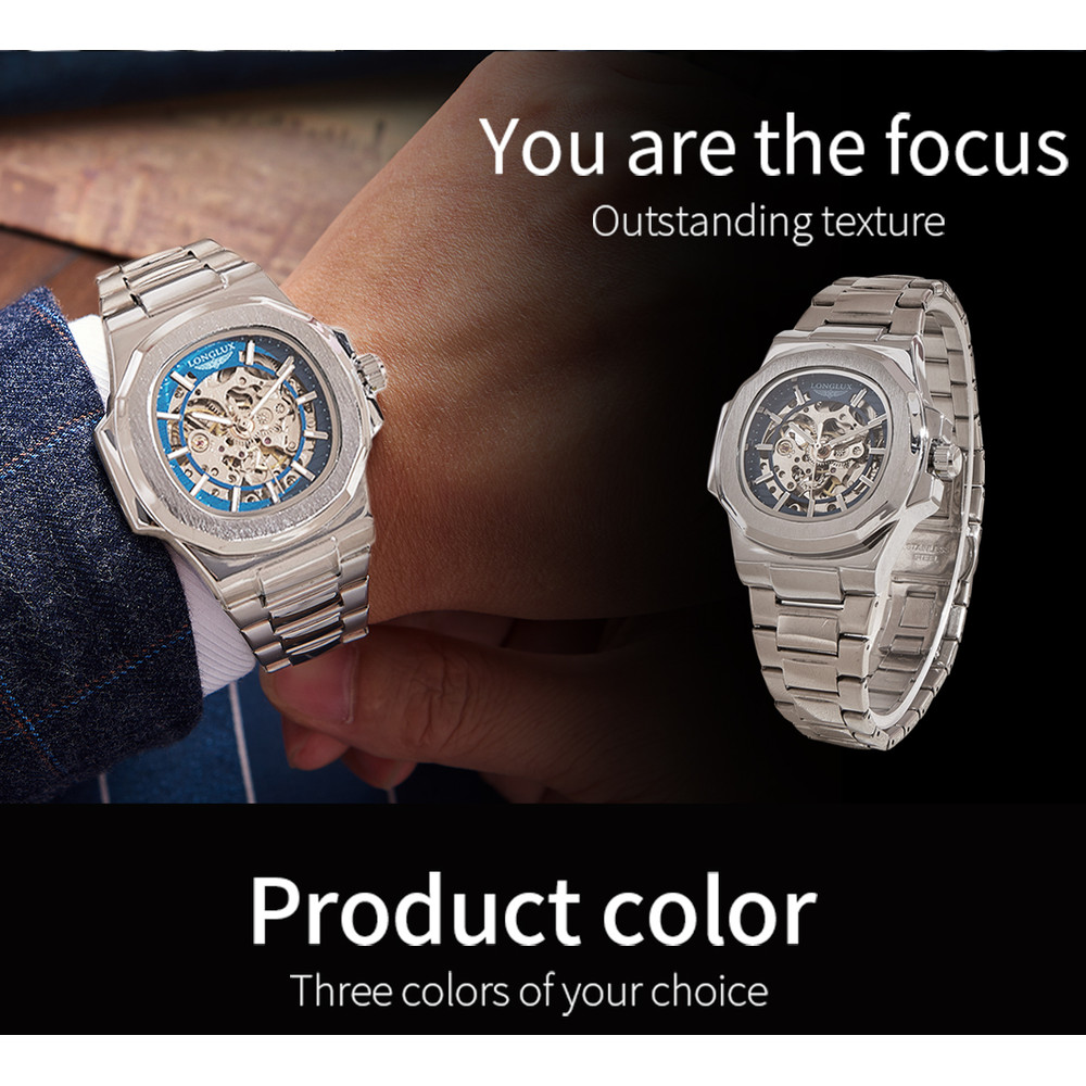 Luxury LONGLUX Men Automatic Mechanical Watch, Waterproof Skeleton, Stainless Steel Business Gift Watch