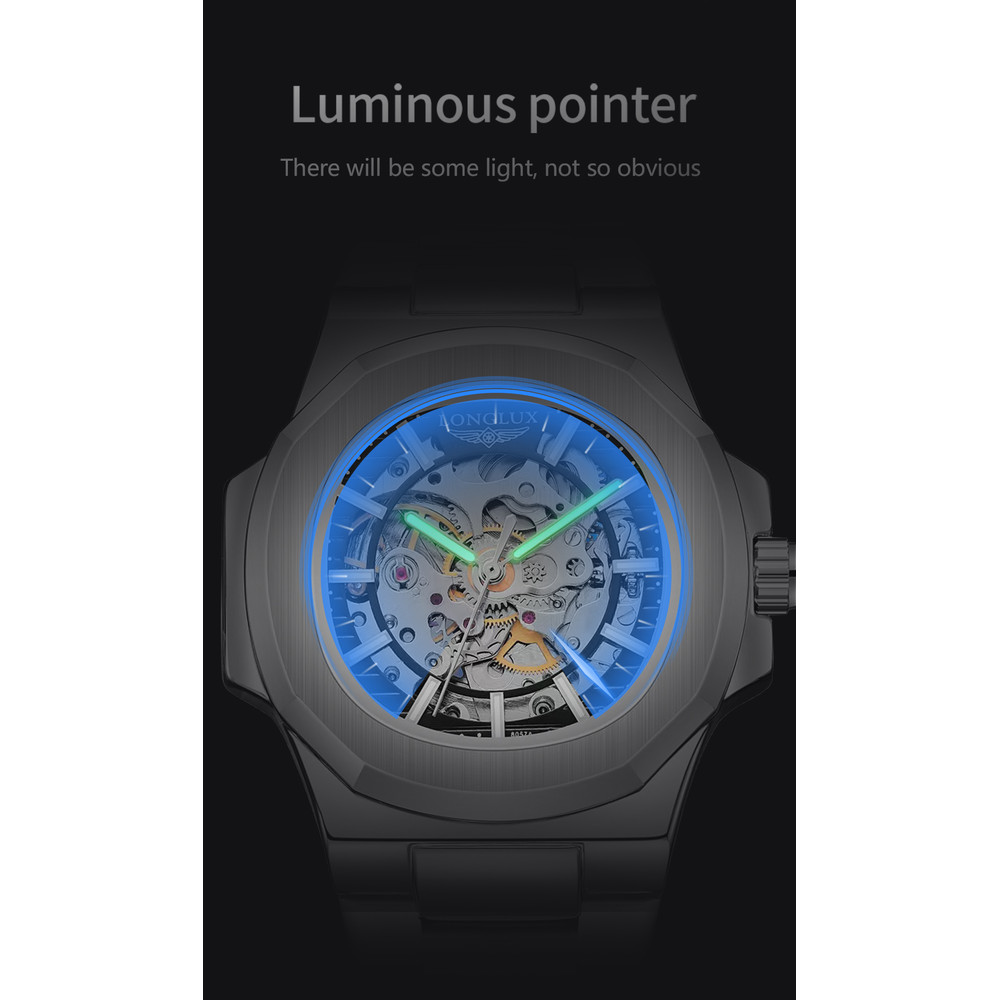 Luxury LONGLUX Men Automatic Mechanical Watch, Waterproof Skeleton, Stainless Steel Business Gift Watch