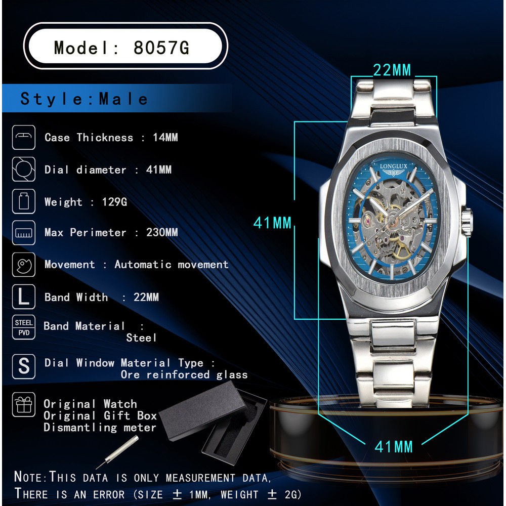 Luxury LONGLUX Men Automatic Mechanical Watch, Waterproof Skeleton, Stainless Steel Business Gift Watch