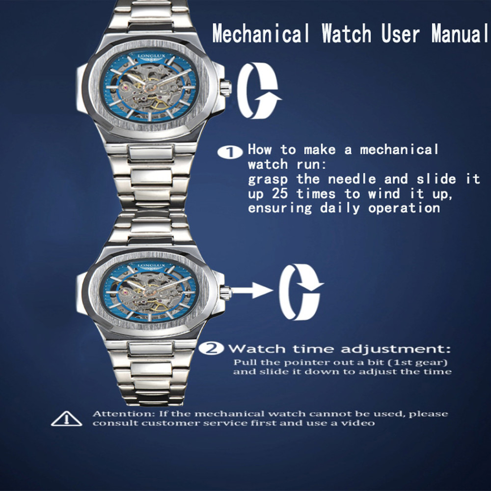 Luxury LONGLUX Men Automatic Mechanical Watch, Waterproof Skeleton, Stainless Steel Business Gift Watch