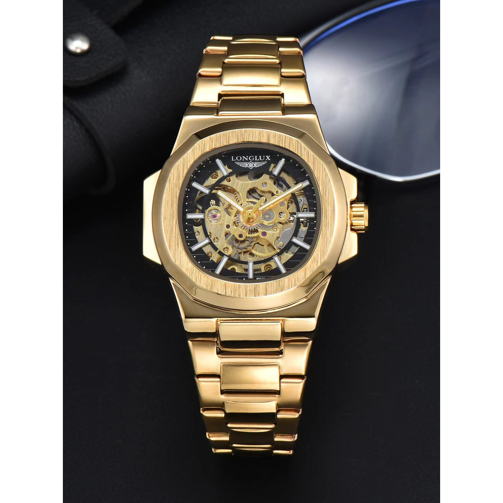 Luxury LONGLUX Men Automatic Mechanical Watch, Waterproof Skeleton, Stainless Steel Business Gift Watch