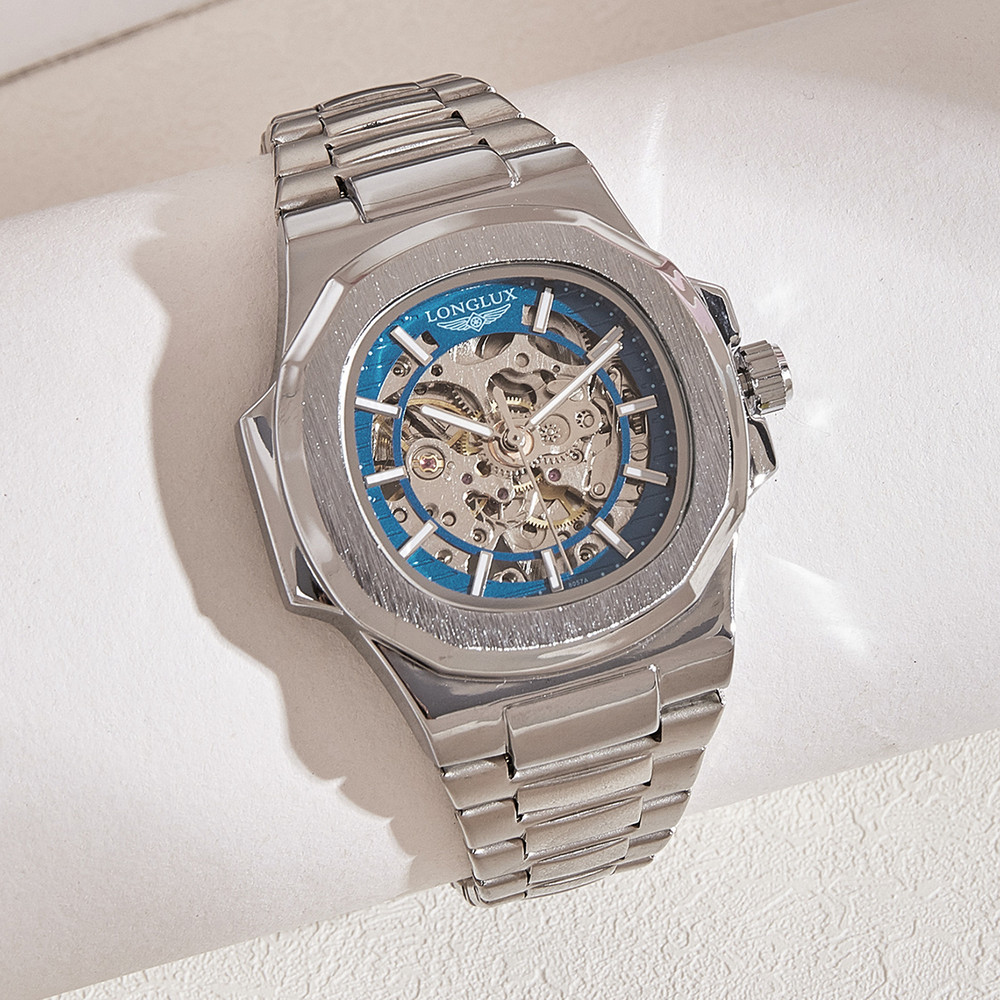 Luxury LONGLUX Men Automatic Mechanical Watch, Waterproof Skeleton, Stainless Steel Business Gift Watch
