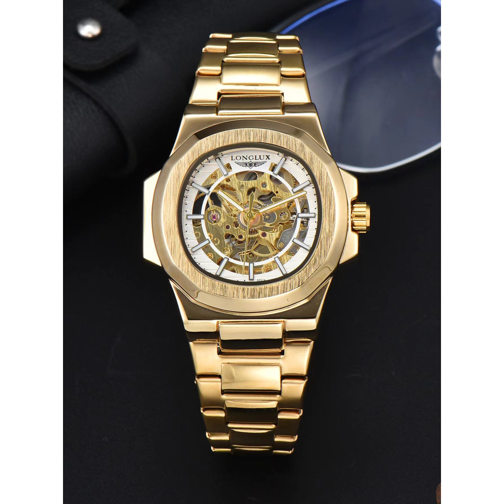 Luxury LONGLUX Men Automatic Mechanical Watch, Waterproof Skeleton, Stainless Steel Business Gift Watch