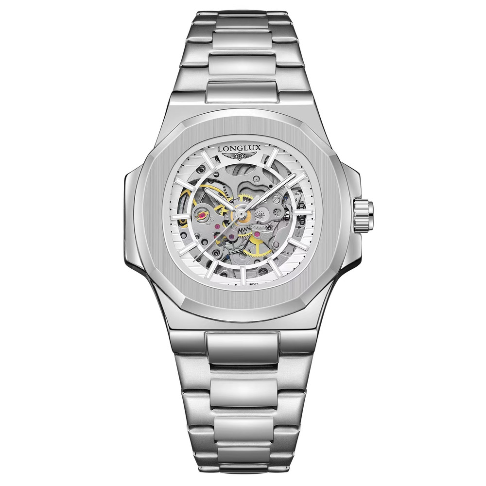 Luxury LONGLUX Men Automatic Mechanical Watch, Waterproof Skeleton, Stainless Steel Business Gift Watch