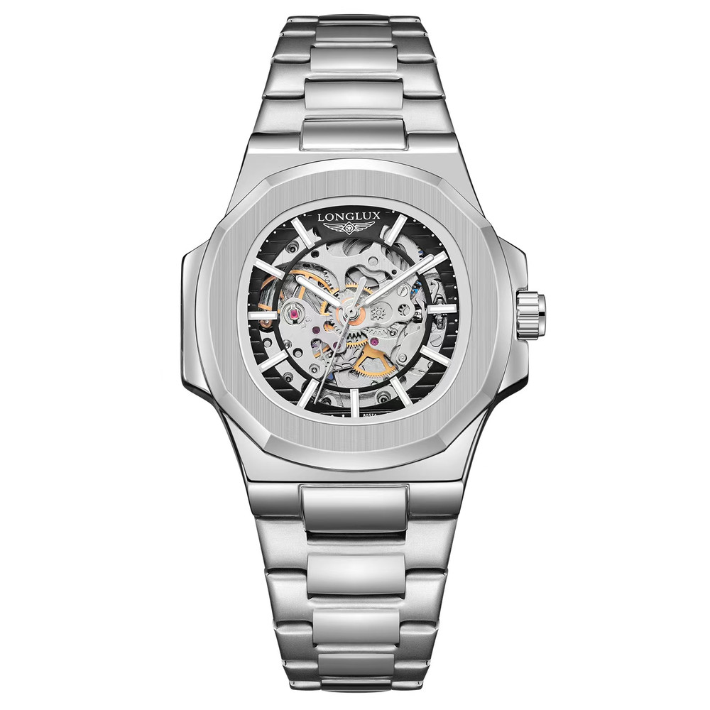 Luxury LONGLUX Men Automatic Mechanical Watch, Waterproof Skeleton, Stainless Steel Business Gift Watch