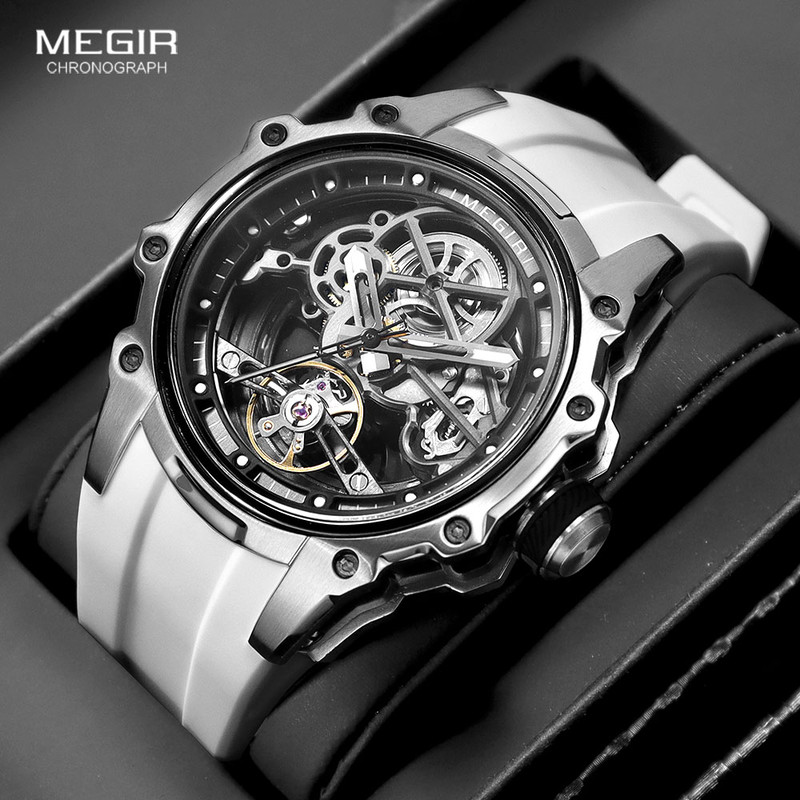 Automatic Mechanical Watch Men Skeleton Dial Waterproof Sport Wristwatch Stainless Steel Case Silic 0