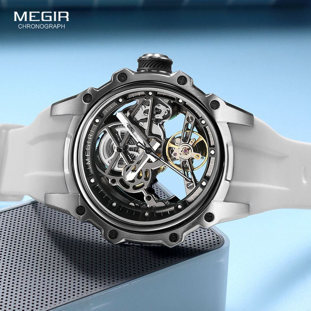 Automatic Mechanical Watch Men Skeleton Dial Waterproof Sport Wristwatch Stainless Steel Case Silic 1