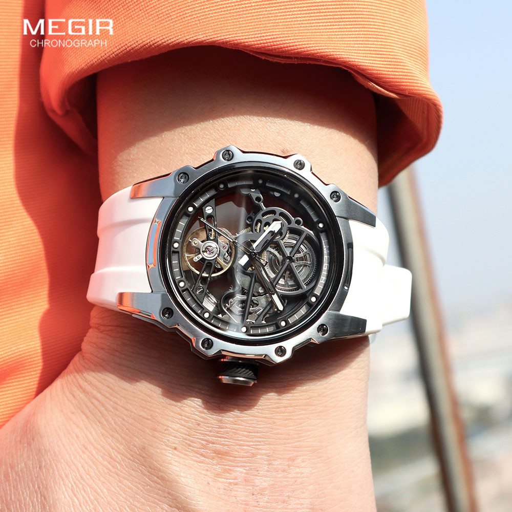Automatic Mechanical Watch Men Skeleton Dial Waterproof Sport Wristwatch Stainless Steel Case Silic 2