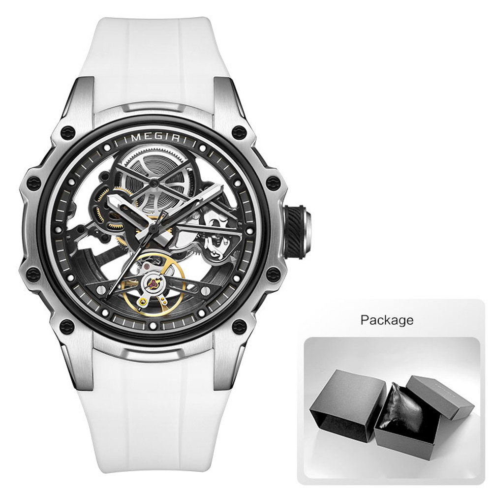 Automatic Mechanical Watch Men Skeleton Dial Waterproof Sport Wristwatch Stainless Steel Case Silic 6