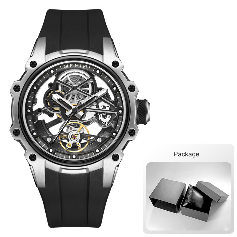 Automatic Mechanical Watch Men Skeleton Dial Waterproof Sport Wristwatch Stainless Steel Case Silic 7