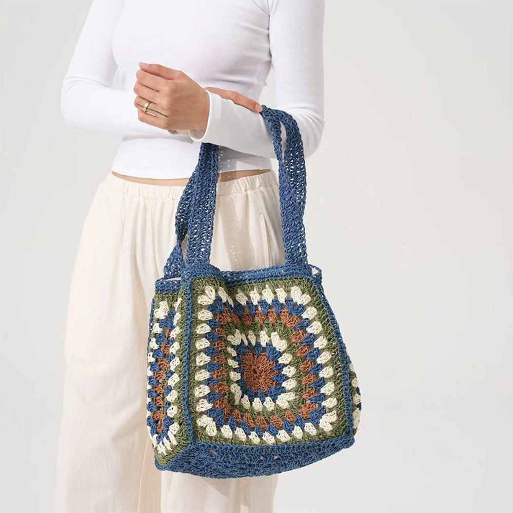 Boho Ethnic Crochet Tote Bag, Granny Square Straw Shoulder Bag, Summer Beach Handbag for Travel, Casual Woven Purse