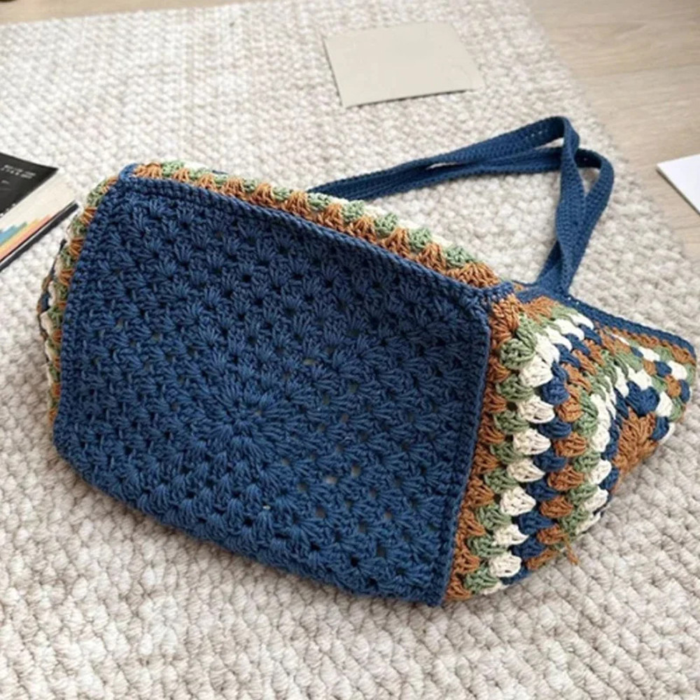 Boho Ethnic Crochet Tote Bag, Granny Square Straw Shoulder Bag, Summer Beach Handbag for Travel, Casual Woven Purse