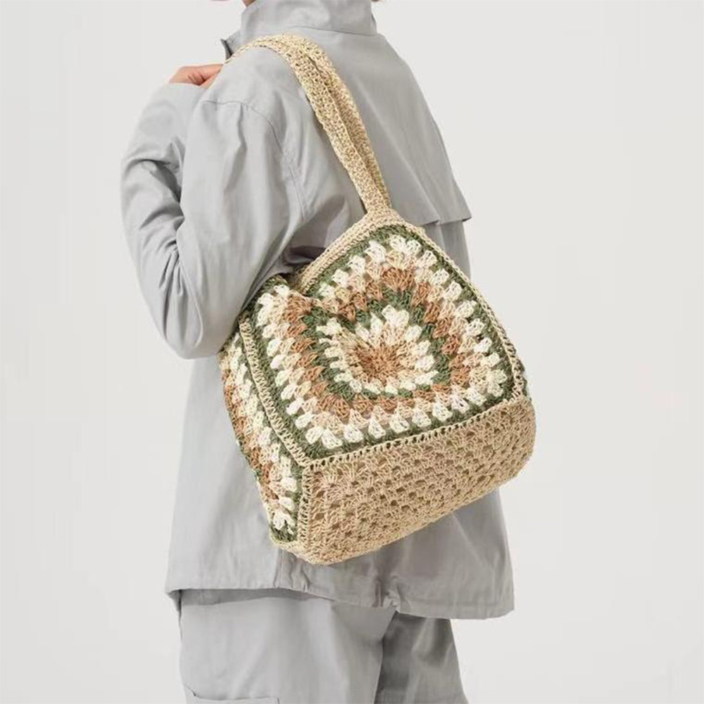 Boho Ethnic Crochet Tote Bag, Granny Square Straw Shoulder Bag, Summer Beach Handbag for Travel, Casual Woven Purse