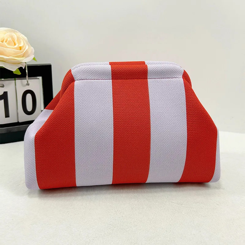 Contrast Crochet Handbag, Women Knit Stripe Purse, Summer Beach Clutch, Colorblock Dumpling Bag for Travel and Casual
