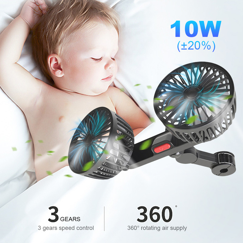 Car Cooling Fan USB Dual Head Fan, Powerful Electric Seat Back Cooler, 360 Degree Rotation for Auto Sedan